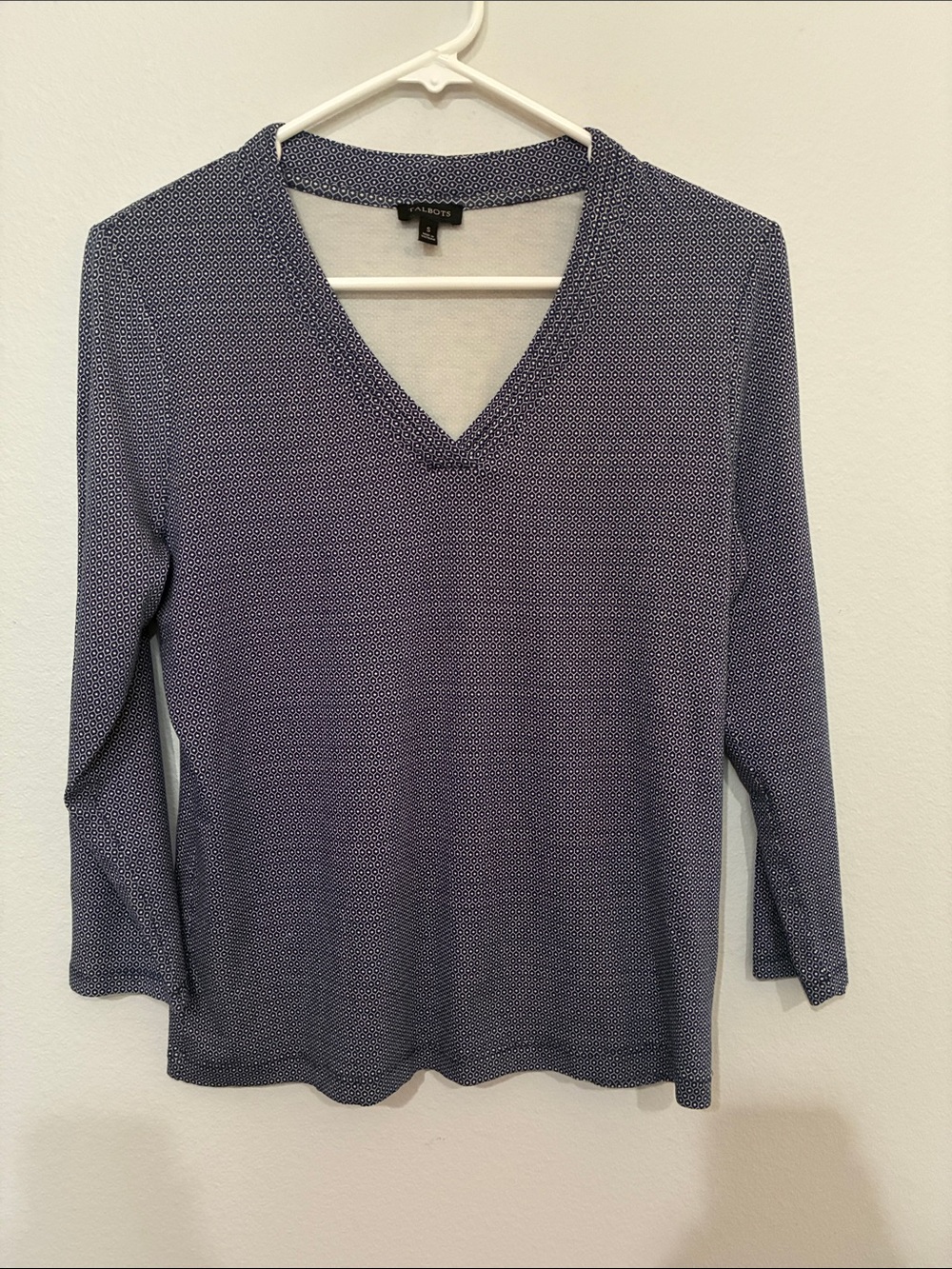 Talbots Navy Micro-Dot V-Neck Long Sleeve Top
